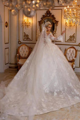 Elegant Sweetheart Long Sleeves Ball Gown Lace Wedding Gowns Bridal Dresses-misshow.com