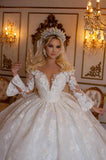 Elegant Sweetheart Long Sleeves Ball Gown Lace Wedding Gowns Bridal Dresses-misshow.com