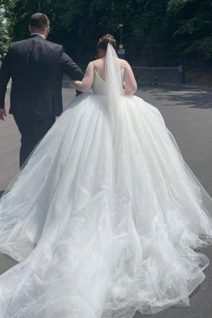 Elegant Sweetheart Long Sleeves Ball Gown Tulle Wedding Dresses-misshow.com