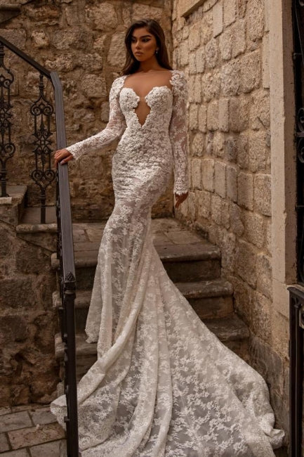 Elegant sweetheart longsleeves mermaid lace Wedding dresses-misshow.com