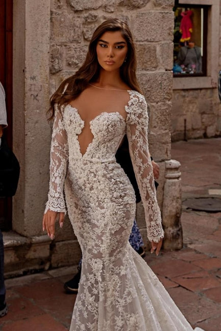 Elegant sweetheart longsleeves mermaid lace Wedding dresses-misshow.com