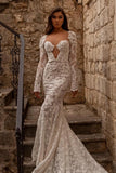 Elegant sweetheart longsleeves mermaid lace Wedding dresses-misshow.com