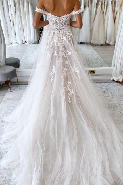 Elegant sweetheart off-the-shoulder cap sleeves a-line lace wedding dress-misshow.com