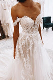 Elegant sweetheart off-the-shoulder cap sleeves a-line lace wedding dress-misshow.com