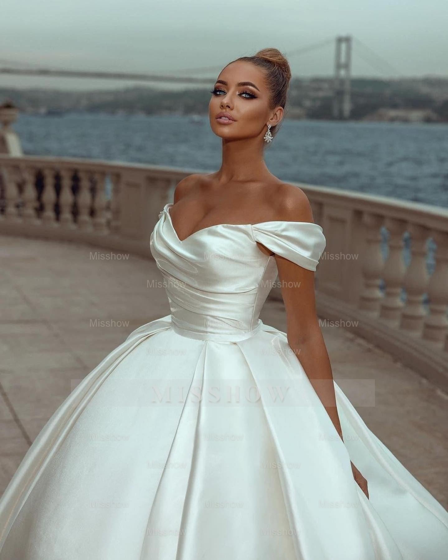 sweep train bridesmaid dresses Elegant Sweetheart Off-the-shoulder Wedding Dresses Sweep Train