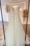 Elegant sweetheart V-neck sleeveless a-line lace Wedding dresses