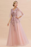 Elegant Tulle A-line Floral Wedding Dress Puffy Long Sleeves Evening Party Dress