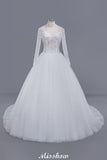 Elegant Tulle Lace Ball Gown High Neck Long Sleeves Floor Length Wedding Dress