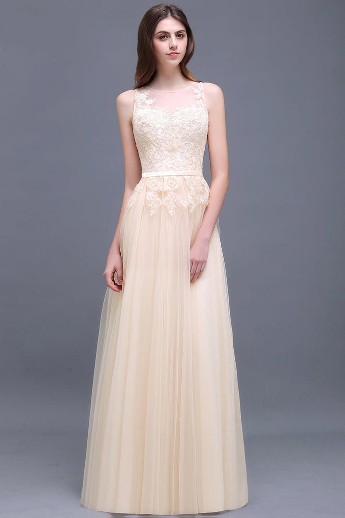 Elegant Tulle Lace Champagne Long Bridesmaid Dresses with Appliques