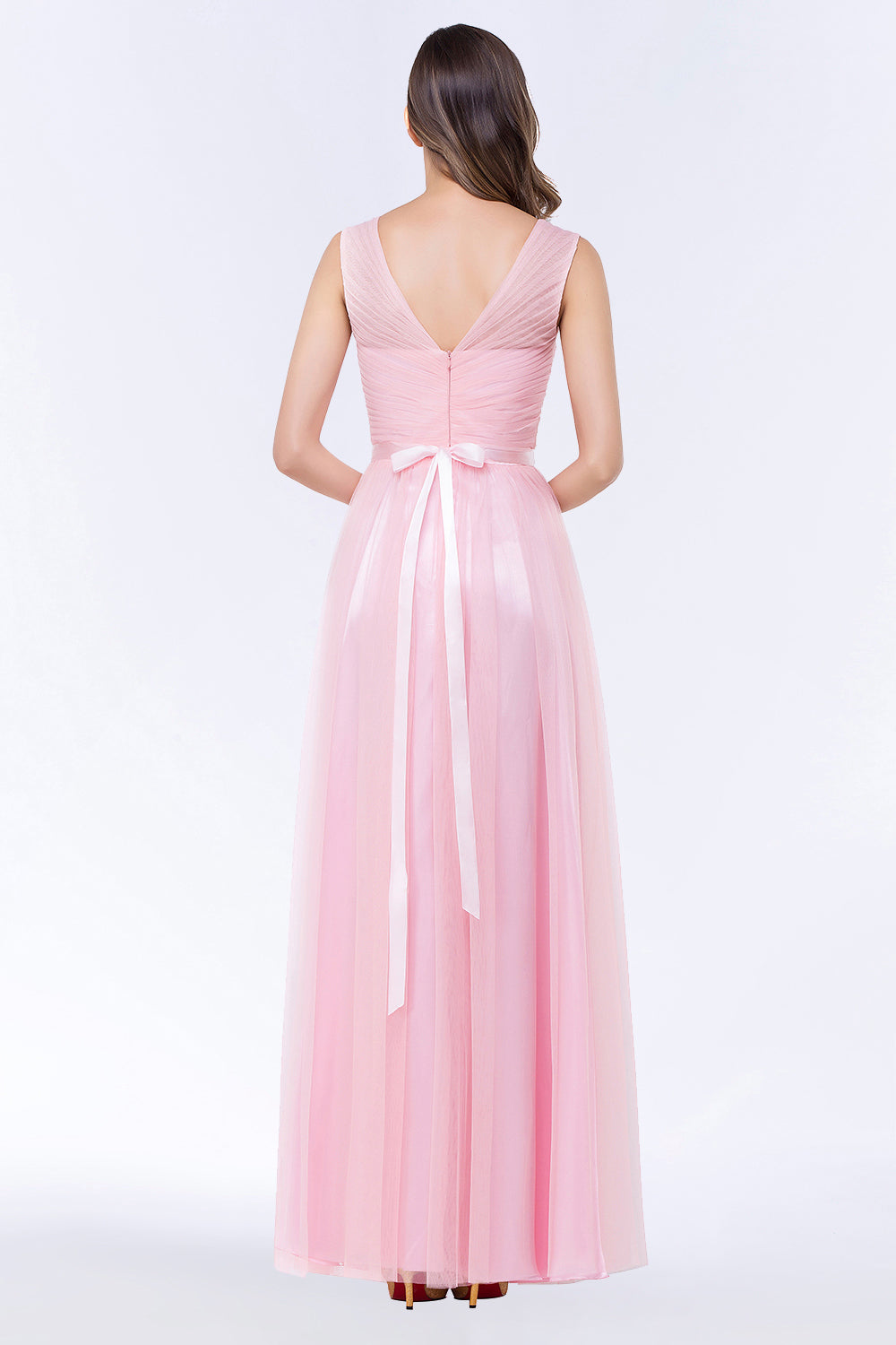 Elegant Tulle V-Neck Sleeveless Ruffle Long Bridesmaid Dresses with Sash