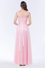 Elegant Tulle V-Neck Sleeveless Ruffle Long Bridesmaid Dresses with Sash