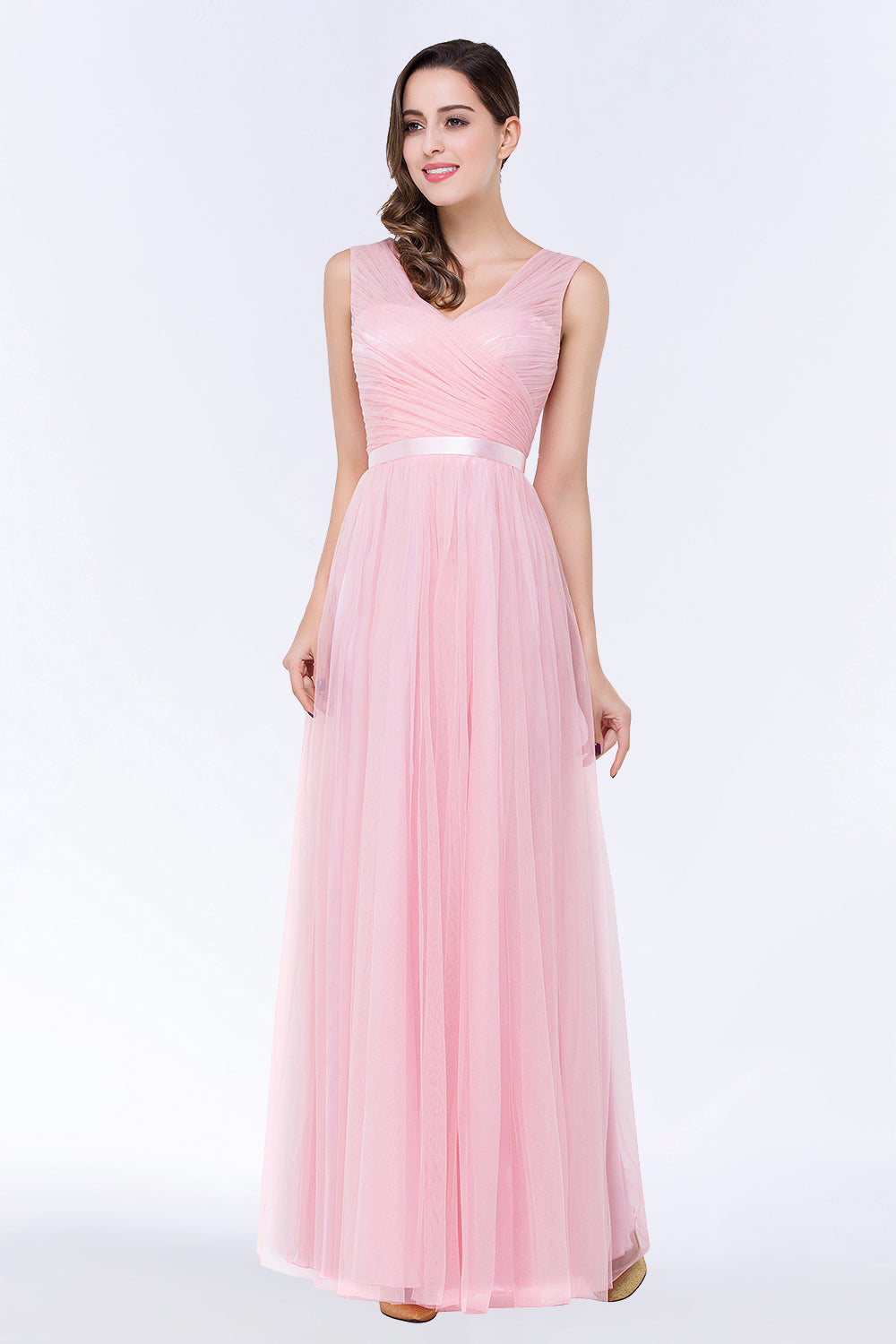 Elegant Tulle V-Neck Sleeveless Ruffle Long Bridesmaid Dresses with Sash