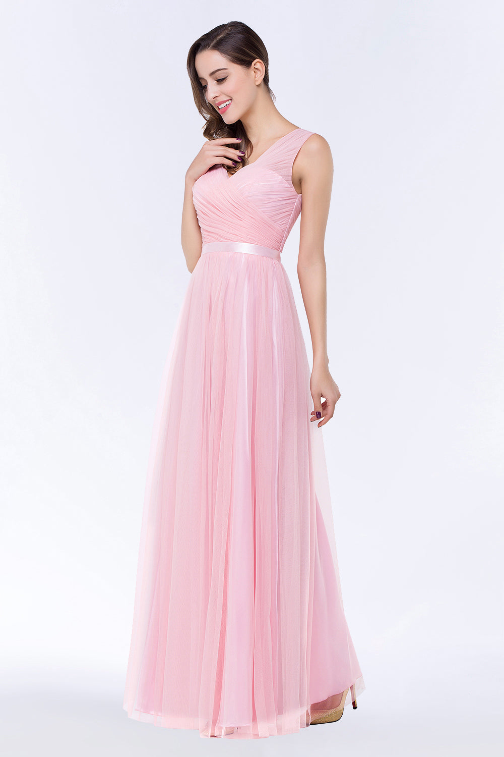 Elegant Tulle V-Neck Sleeveless Ruffle Long Bridesmaid Dresses with Sash