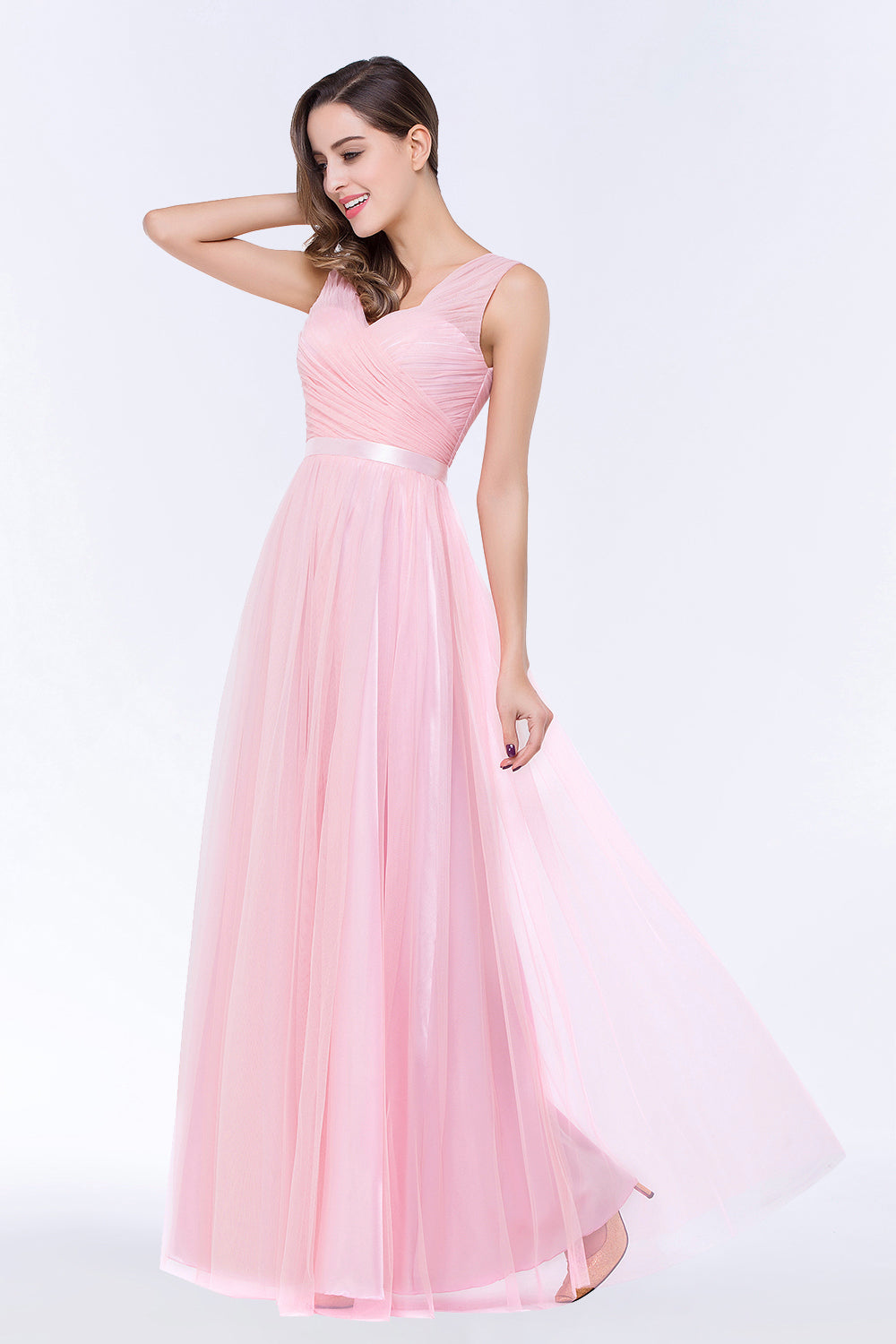 Elegant Tulle V-Neck Sleeveless Ruffle Long Bridesmaid Dresses with Sash