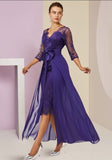 Elegant v-neck 3/4 length sleeves column lace mother dress pattern-misshow.com