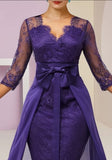 Elegant v-neck 3/4 length sleeves column lace mother dress pattern-misshow.com
