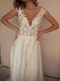 Elegant V-Neck A-Line Sleeveless Wedding Dresses With Lace-misshow.com