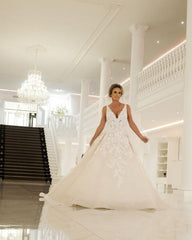 Elegant V-Neck A-line Wedding Dresses with Lace-misshow.com