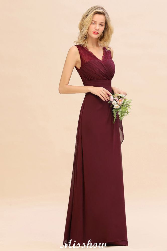 Elegant V-Neck aline Bridesmaid Dress Burgundy Backless Chiffon Party Dress-misshow.com