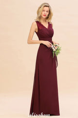 Elegant V-Neck aline Bridesmaid Dress Burgundy Backless Chiffon Party Dress-misshow.com