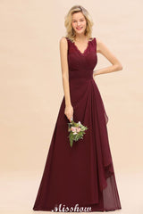 Elegant V-Neck aline Bridesmaid Dress Burgundy Backless Chiffon Party Dress-misshow.com
