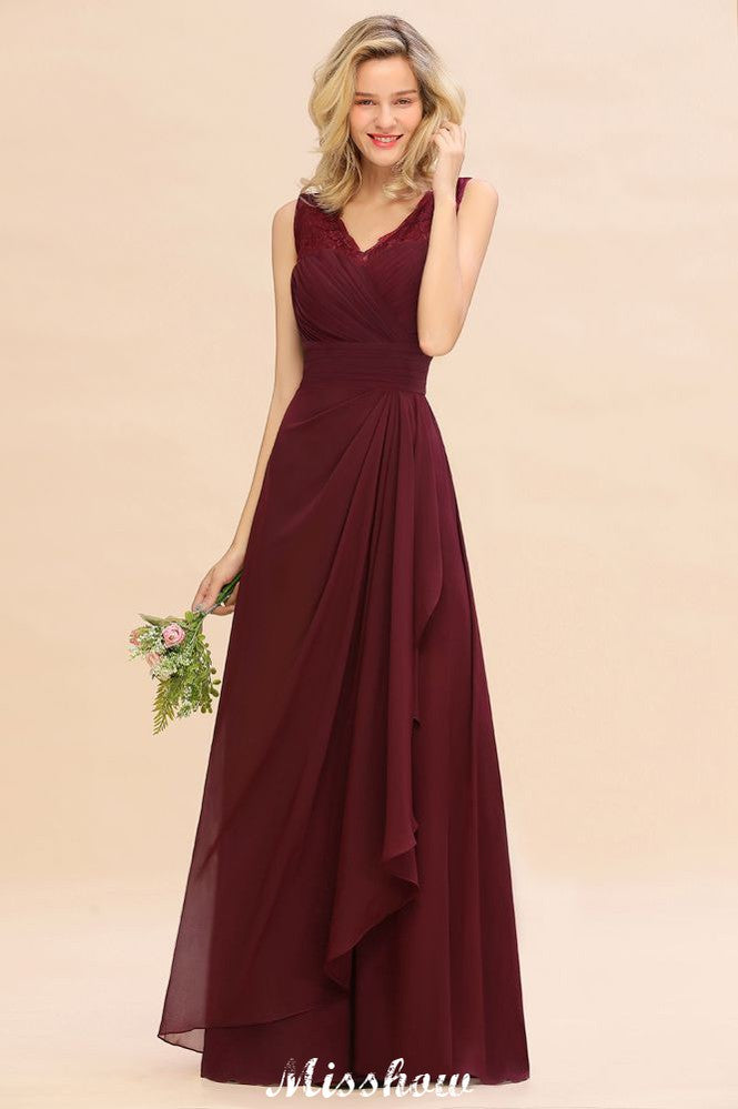 Elegant V-Neck aline Bridesmaid Dress Burgundy Backless Chiffon Party Dress-misshow.com
