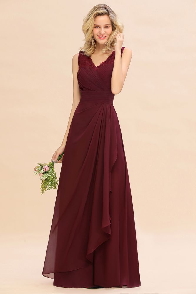 Elegant V-Neck aline Bridesmaid Dress Burgundy Backless Chiffon Party Dress-misshow.com
