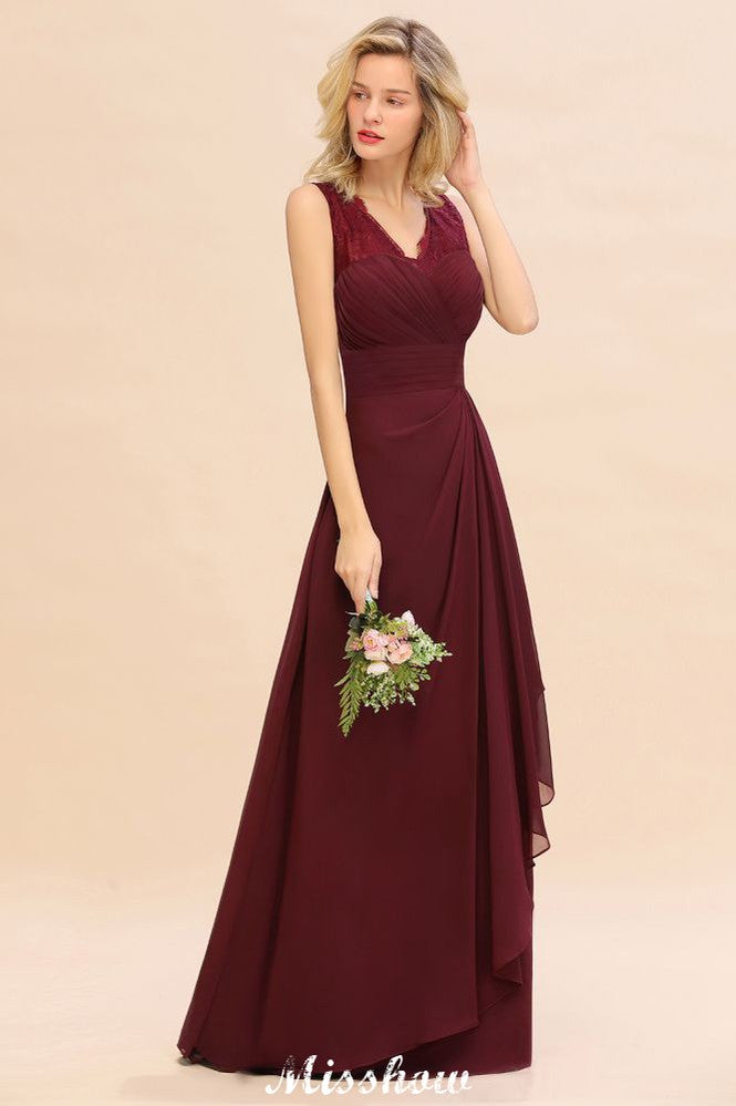 Elegant V-Neck aline Bridesmaid Dress Burgundy Backless Chiffon Party Dress-misshow.com