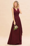 Elegant V-Neck aline Bridesmaid Dress Burgundy Backless Chiffon Party Dress-misshow.com