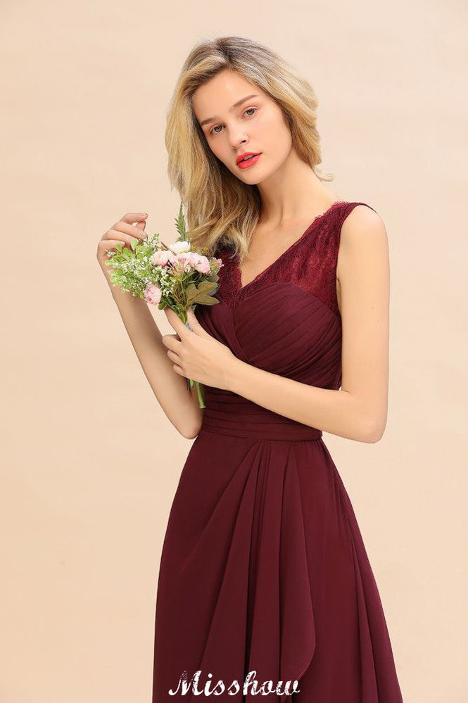 Elegant V-Neck aline Bridesmaid Dress Burgundy Backless Chiffon Party Dress-misshow.com