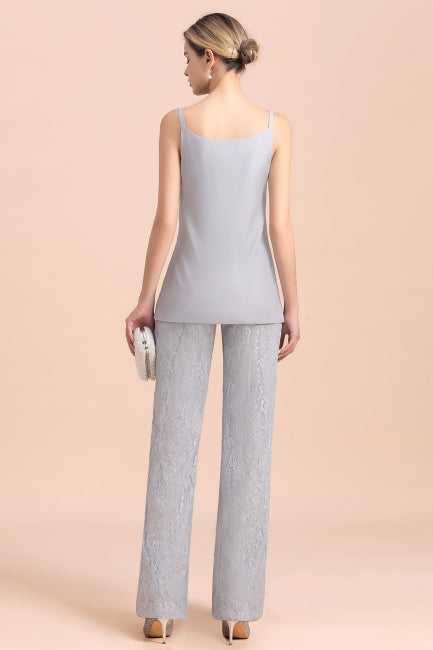 Elegant V-Neck Appliques Silver Mother of Bride Jumpsuit with Lace Wraps-misshow.com