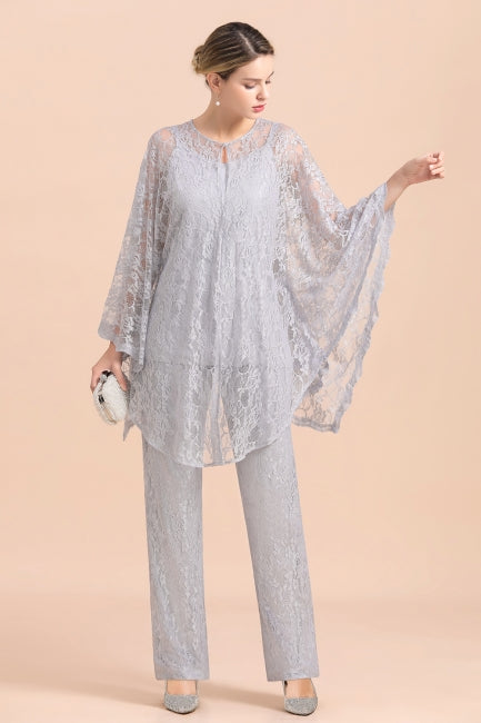 Elegant V-Neck Appliques Silver Mother of Bride Jumpsuit with Lace Wraps-misshow.com