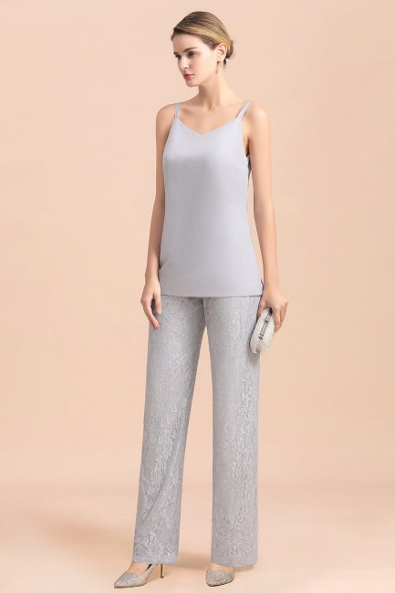Elegant V-Neck Appliques Silver Mother of Bride Jumpsuit with Lace Wraps-misshow.com