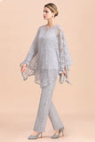Elegant V-Neck Appliques Silver Mother of Bride Jumpsuit with Lace Wraps-misshow.com