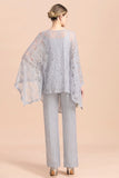 Elegant V-Neck Appliques Silver Mother of Bride Jumpsuit with Lace Wraps-misshow.com