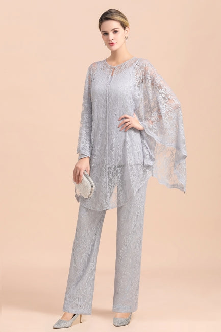 Elegant V-Neck Appliques Silver Mother of Bride Jumpsuit with Lace Wraps-misshow.com