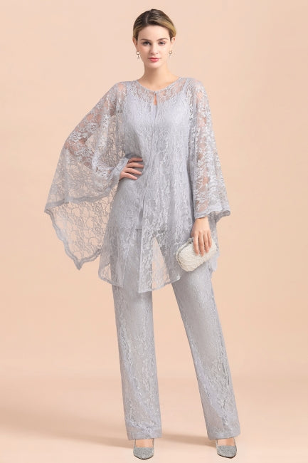 Elegant V-Neck Appliques Silver Mother of Bride Jumpsuit with Lace Wraps-misshow.com