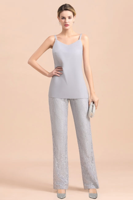 Elegant V-Neck Appliques Silver Mother of Bride Jumpsuit with Lace Wraps-misshow.com