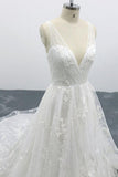 Elegant V-neck Appliques Tulle A-line Wedding Dress-misshow.com