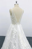Elegant V-neck Appliques Tulle A-line Wedding Dress-misshow.com