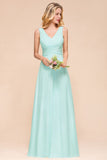 Elegant V-Neck Chiffon Bridesmaid Dress A-line Maxi Wedding Party Dress-misshow.com