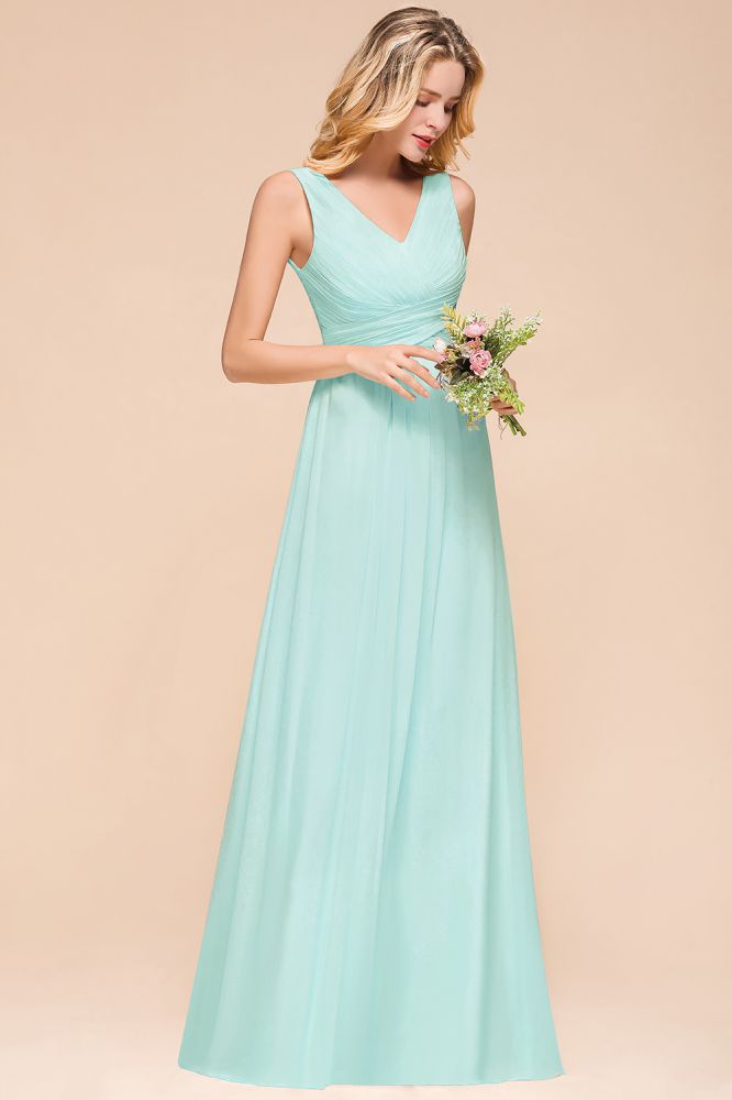 Elegant V-Neck Chiffon Bridesmaid Dress A-line Maxi Wedding Party Dress-misshow.com