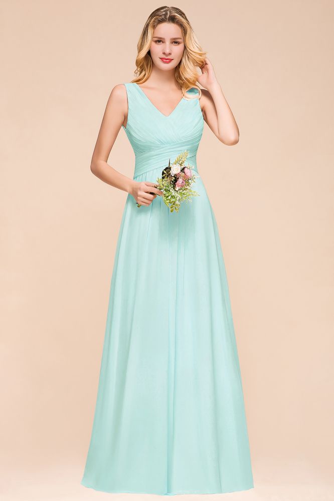 Elegant V-Neck Chiffon Bridesmaid Dress A-line Maxi Wedding Party Dress-misshow.com