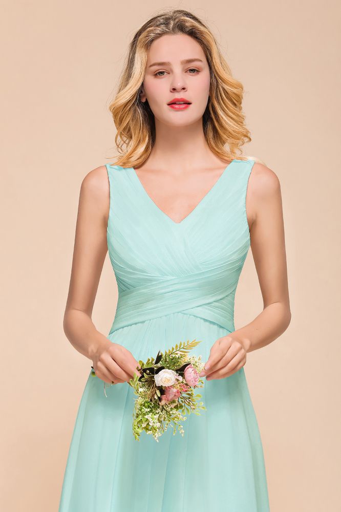 Elegant V-Neck Chiffon Bridesmaid Dress A-line Maxi Wedding Party Dress-misshow.com