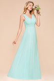 Elegant V-Neck Chiffon Bridesmaid Dress A-line Maxi Wedding Party Dress-misshow.com