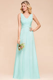 Elegant V-Neck Chiffon Bridesmaid Dress A-line Maxi Wedding Party Dress-misshow.com