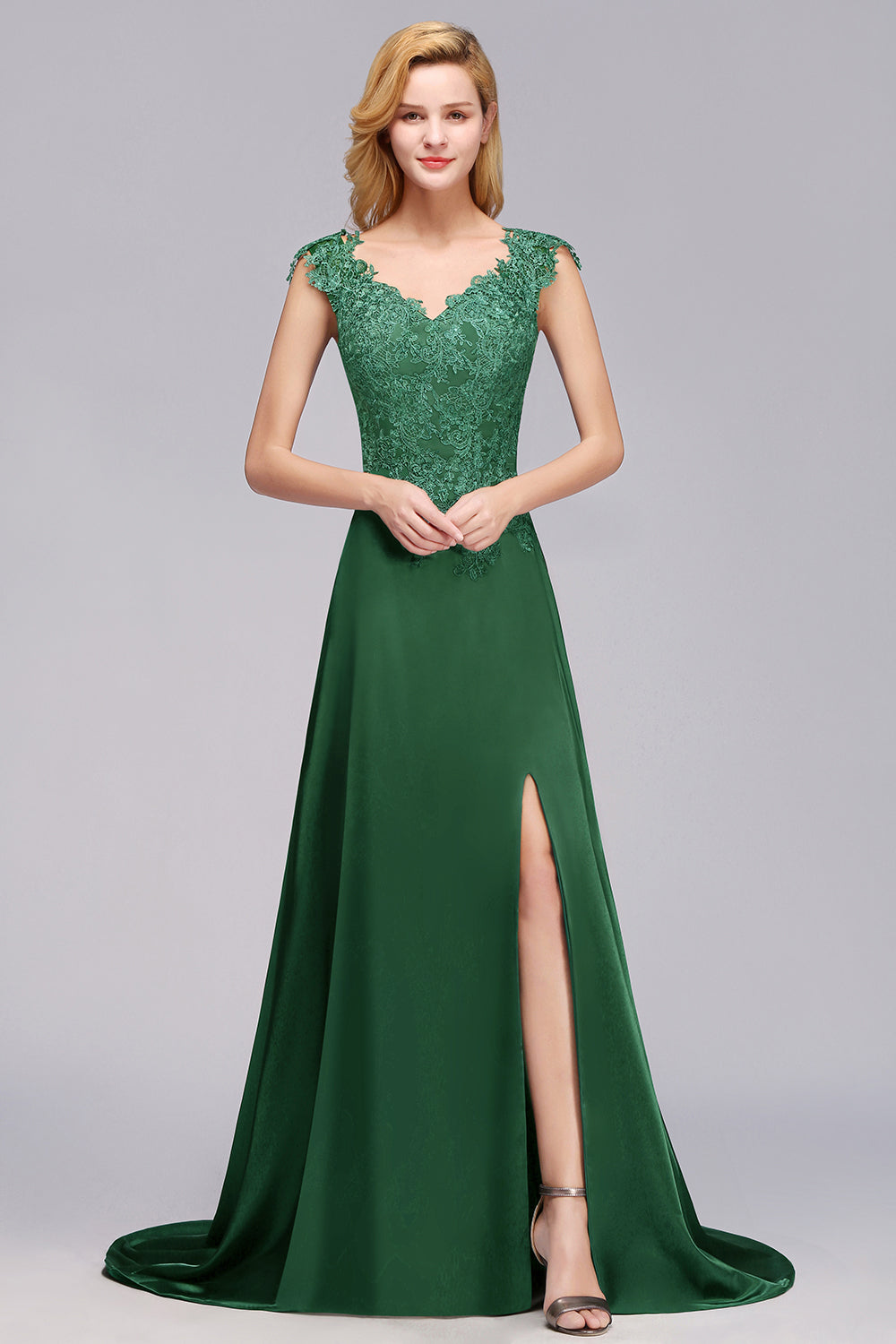 Elegant V-Neck Dark Green Lace Bridesmaid dresses with Front-Slit