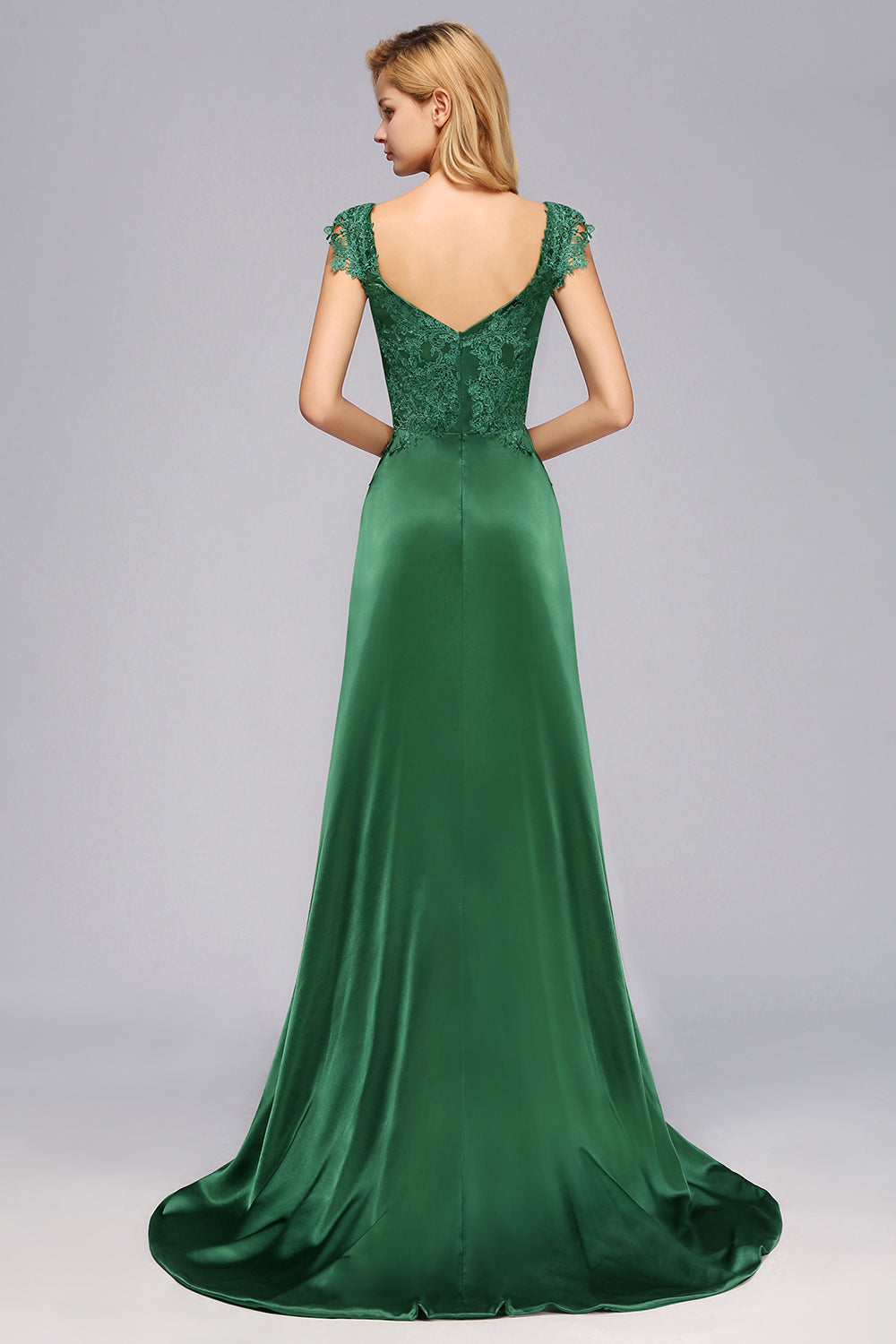 Elegant V-Neck Dark Green Lace Bridesmaid dresses with Front-Slit