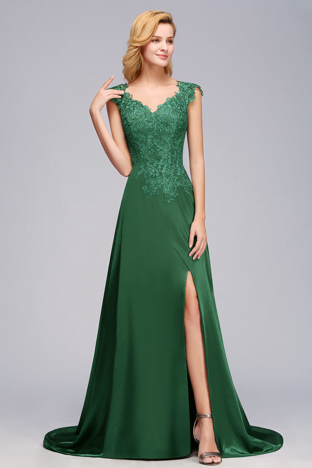 Elegant V-Neck Dark Green Lace Bridesmaid dresses with Front-Slit