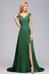 Elegant V-Neck Dark Green Lace Bridesmaid dresses with Front-Slit